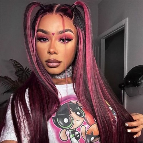 Purple Highlights Straight 13x4 Transparent Lace Front Wig | Human Hair Wig | Lace Front